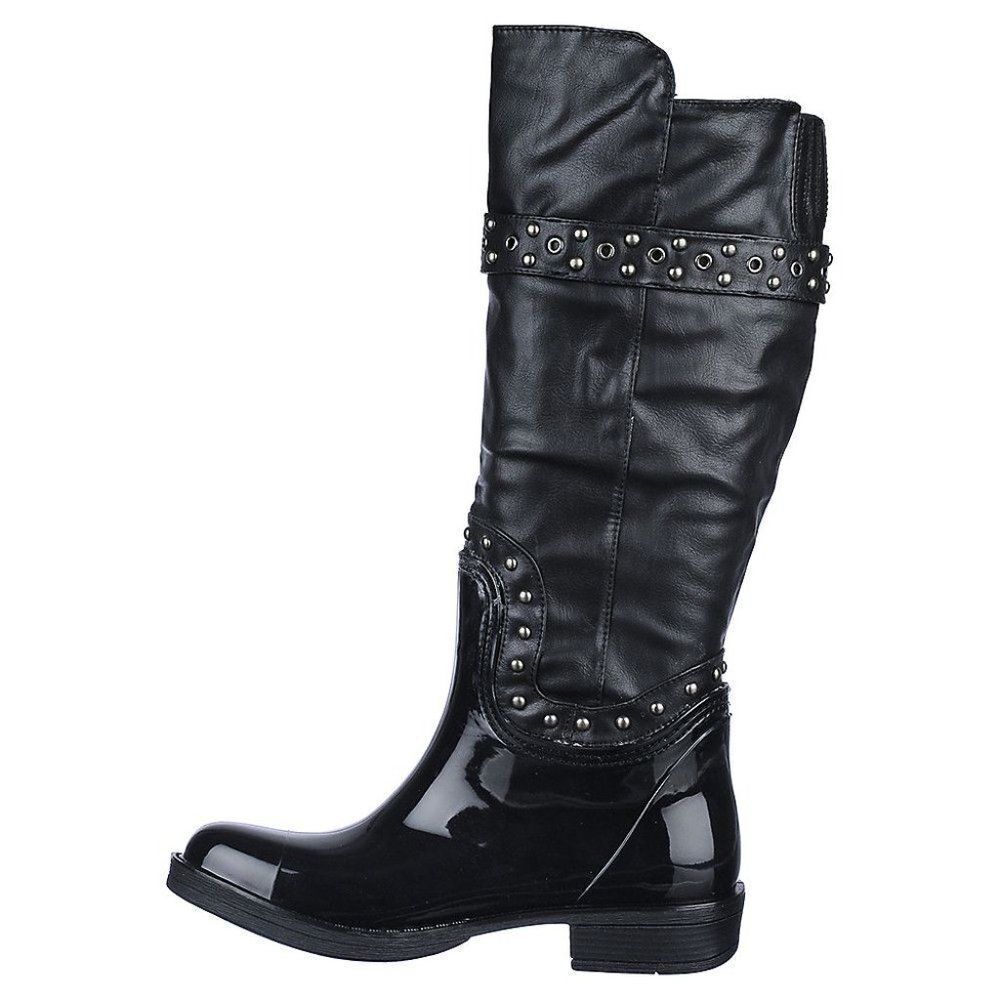 Women's Rivet Studded Shiny Black Rubber Rain Boot Rainboot - Picture 5 of 5